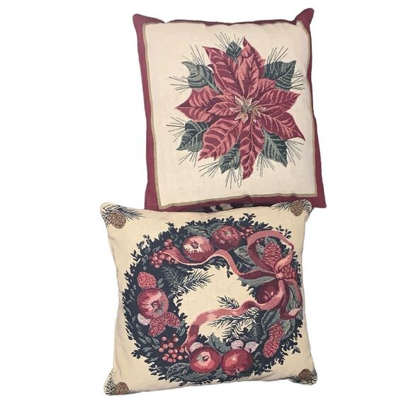 Vintage Pair Christmas Tapestry  Double Sided‎ Throw Pillows Poinsettia & Wreath - Picture 1 of 10